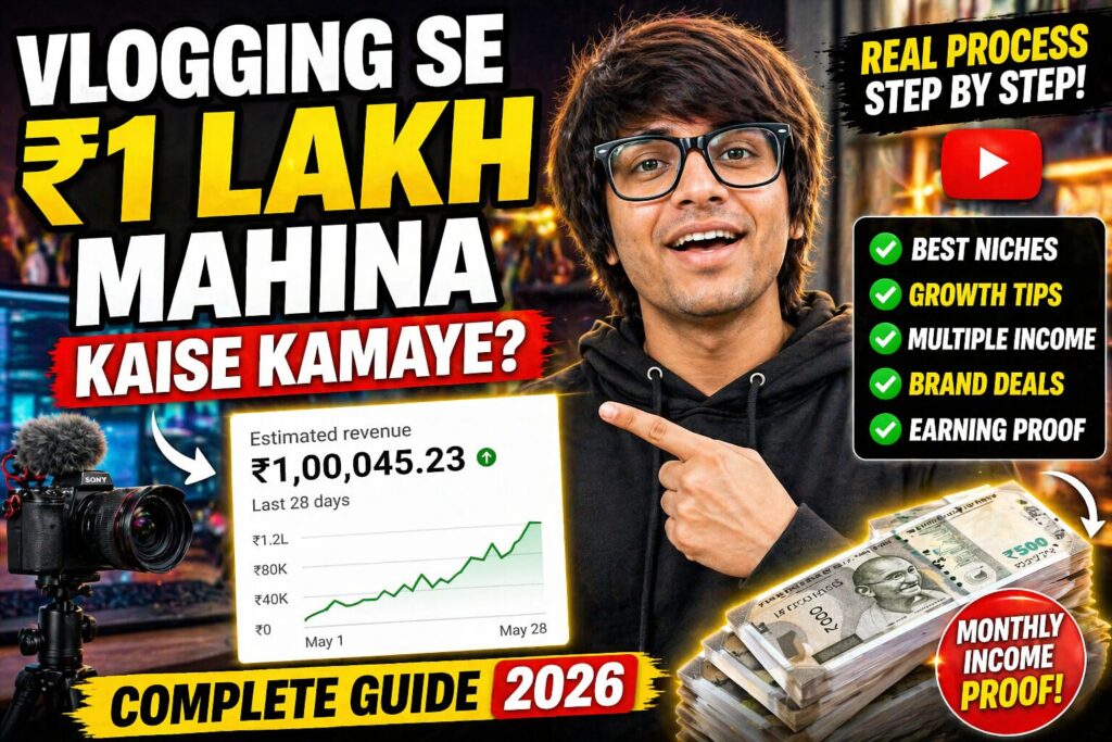 Vlogging Income ₹1 Lakh Per Month Guide Vlogging Se ₹1 Lakh Mahina Kaise Kamaye 💰 ye guide beginners ke liye perfect hai! YouTube earning, brand deals aur growth hacks ka full breakdown yaha milega 😱